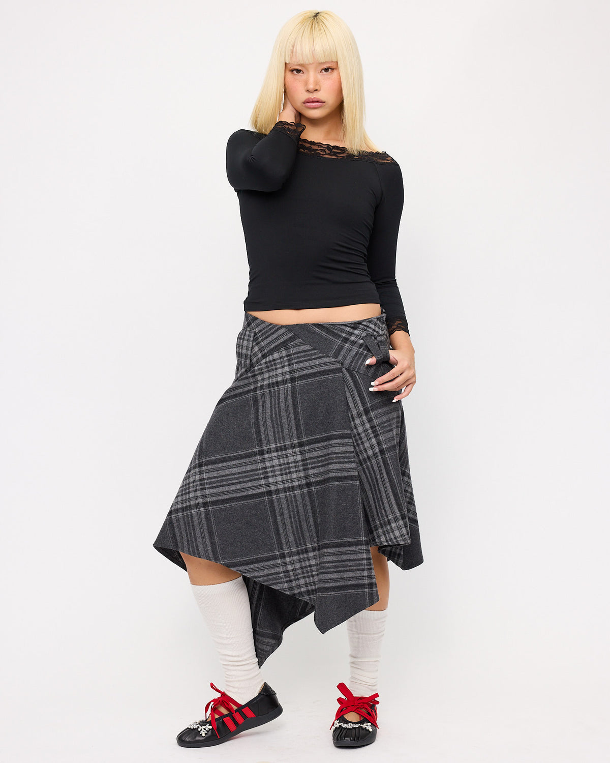 [COMING SOON] Plaid Asymmetric Wool Midi Skirt - Charcoal