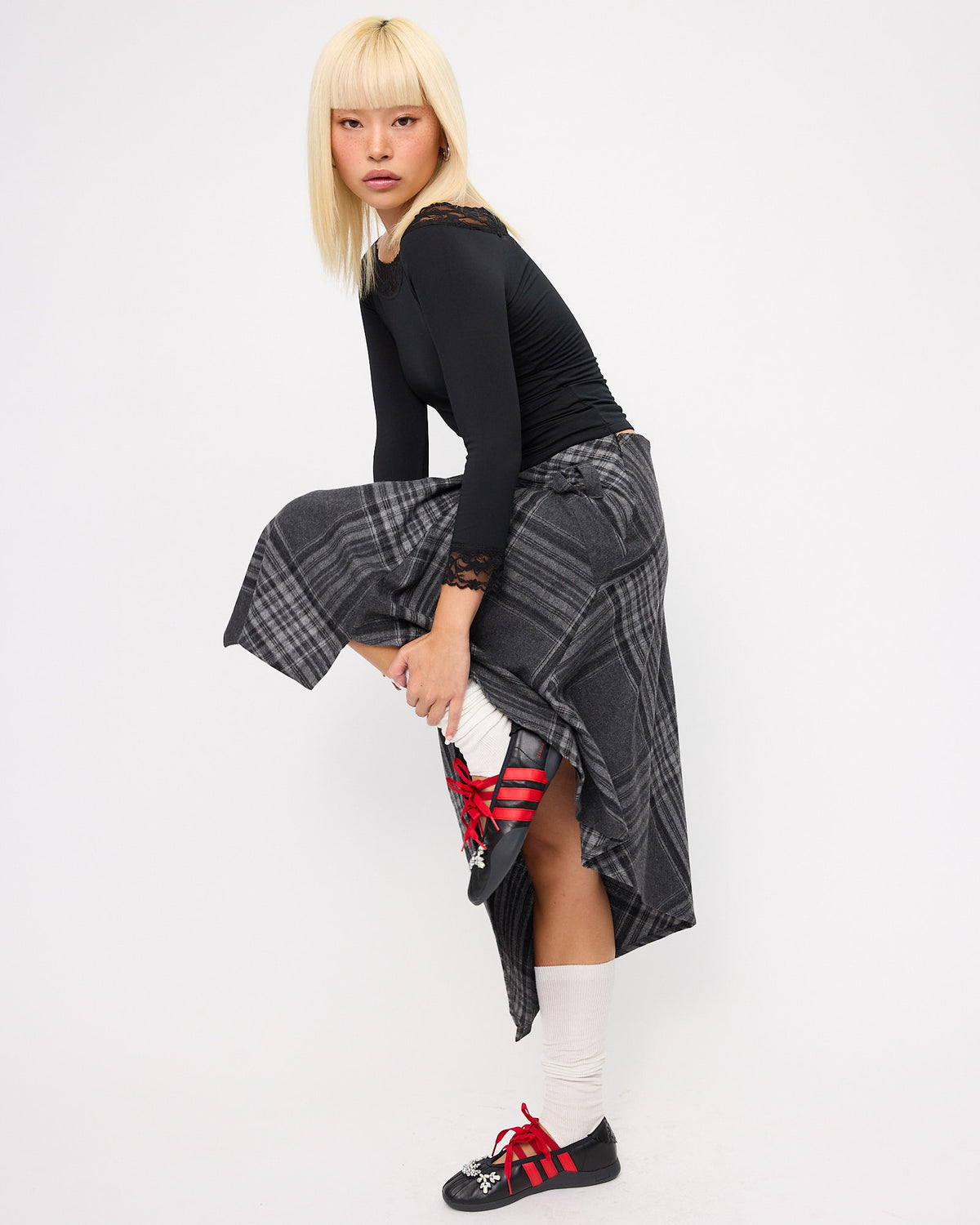 [COMING SOON] Plaid Asymmetric Wool Midi Skirt - Charcoal