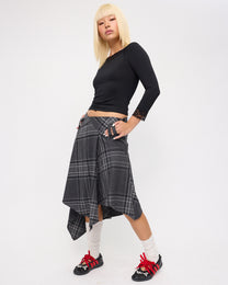 [COMING SOON] Plaid Asymmetric Wool Midi Skirt - Charcoal