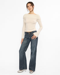 Wide Leg Double Button Washed Jeans