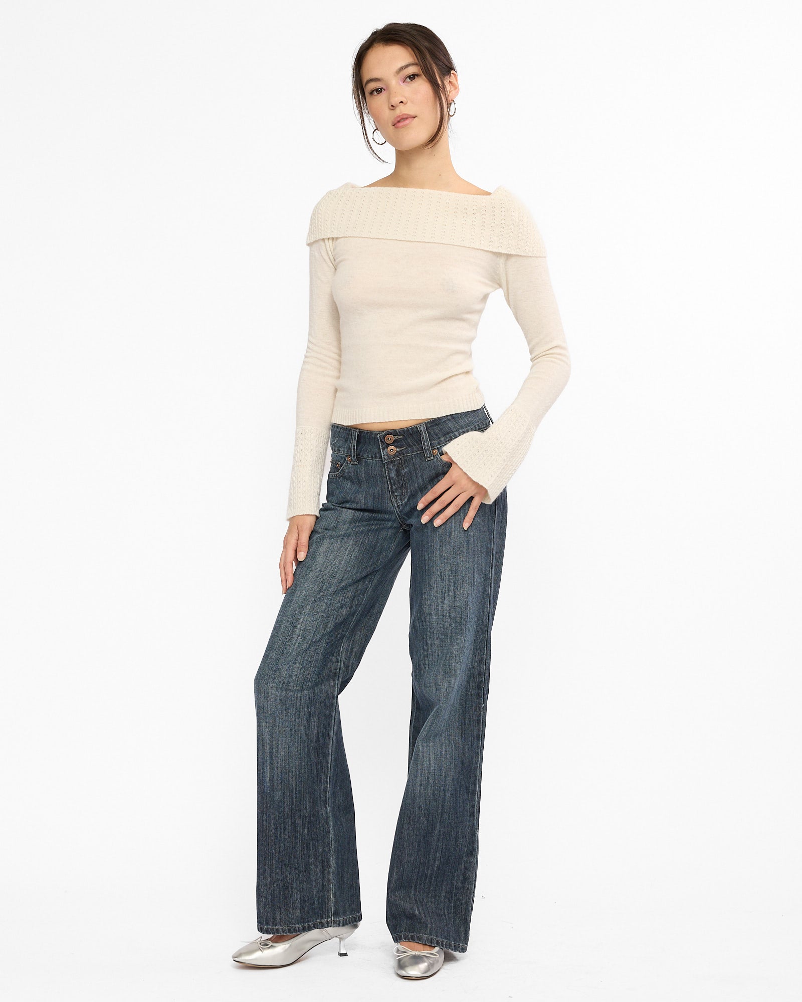 Wide Leg Double Button Washed Jeans