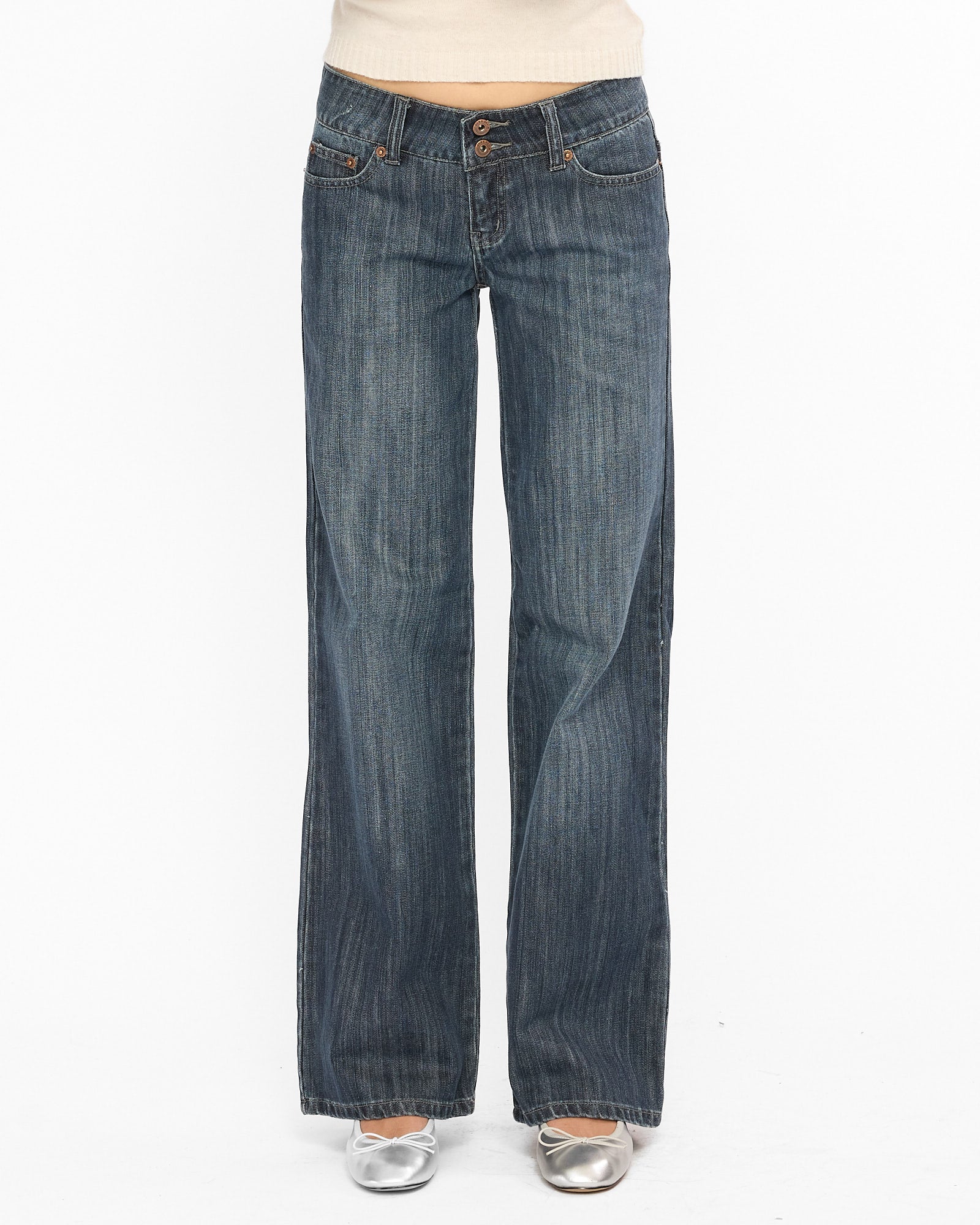 Wide Leg Double Button Washed Jeans