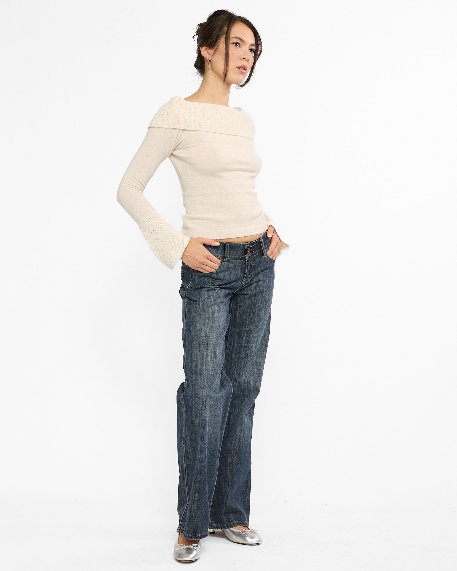 Wide Leg Double Button Washed Jeans