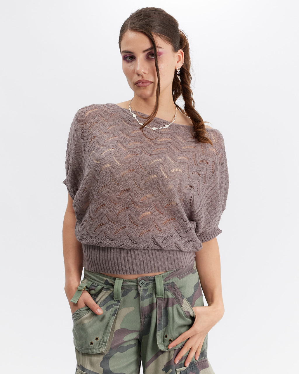 Batwing Cotton Knit Top - Mushroom