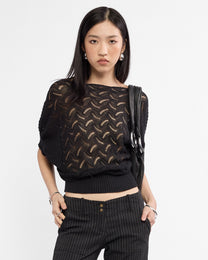 Batwing Cotton Knit Top - Black