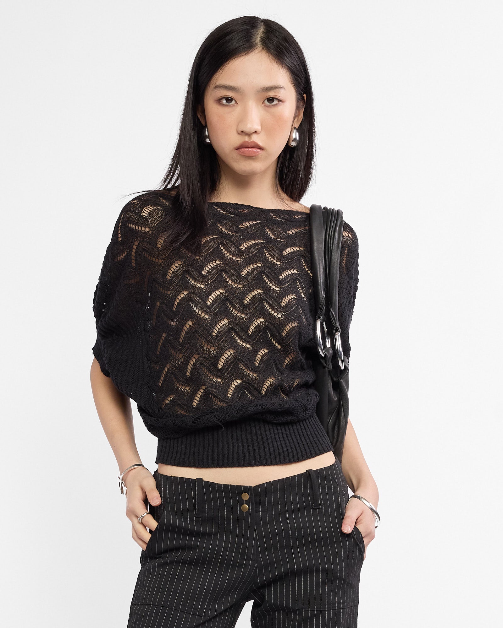 Batwing Cotton Knit Top - Black