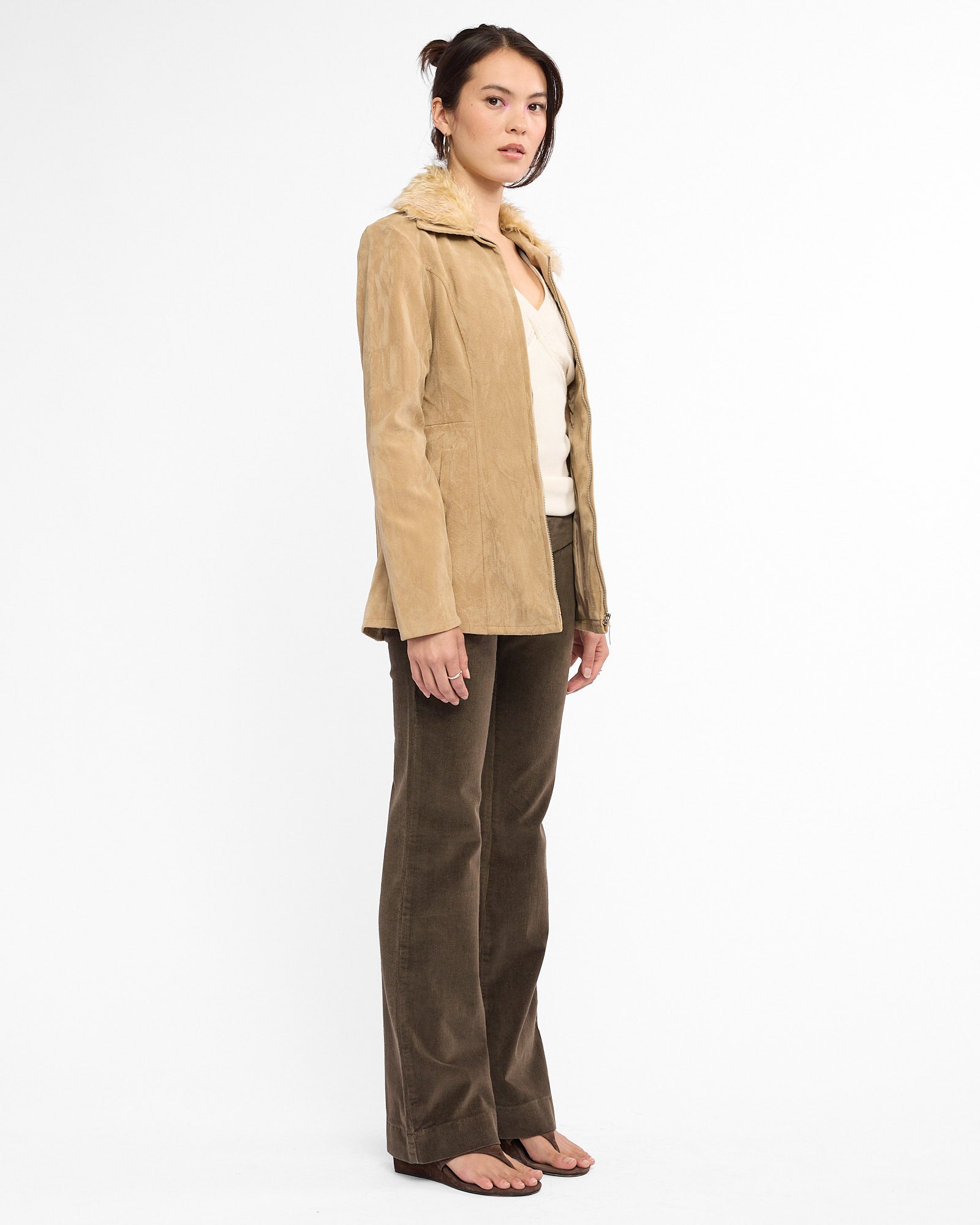 Suede Look Cotton Fur Collared Jacket - Sand