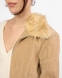 Suede Look Cotton Fur Collared Jacket - Sand