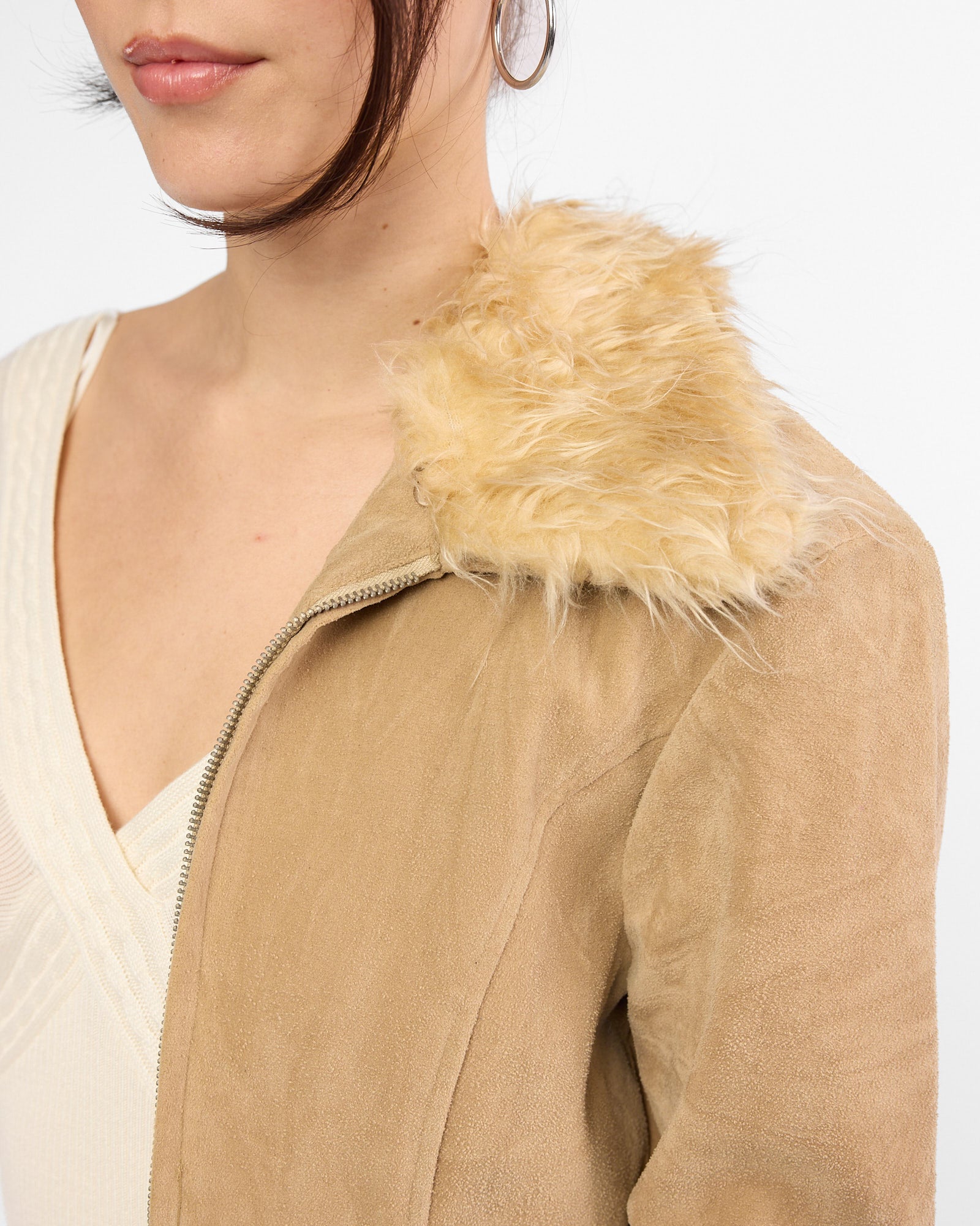 Suede Look Cotton Fur Collared Jacket - Sand