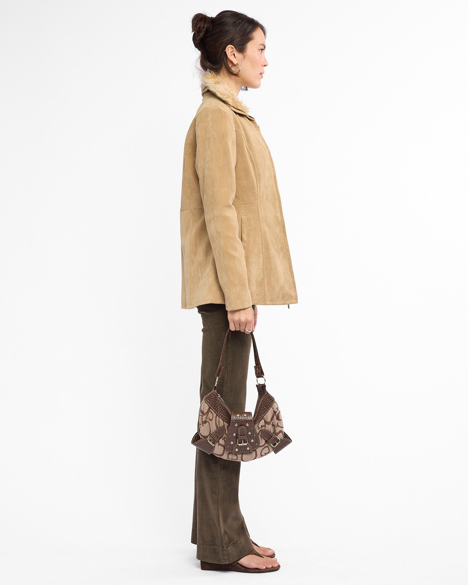 Suede Look Cotton Fur Collared Jacket - Sand