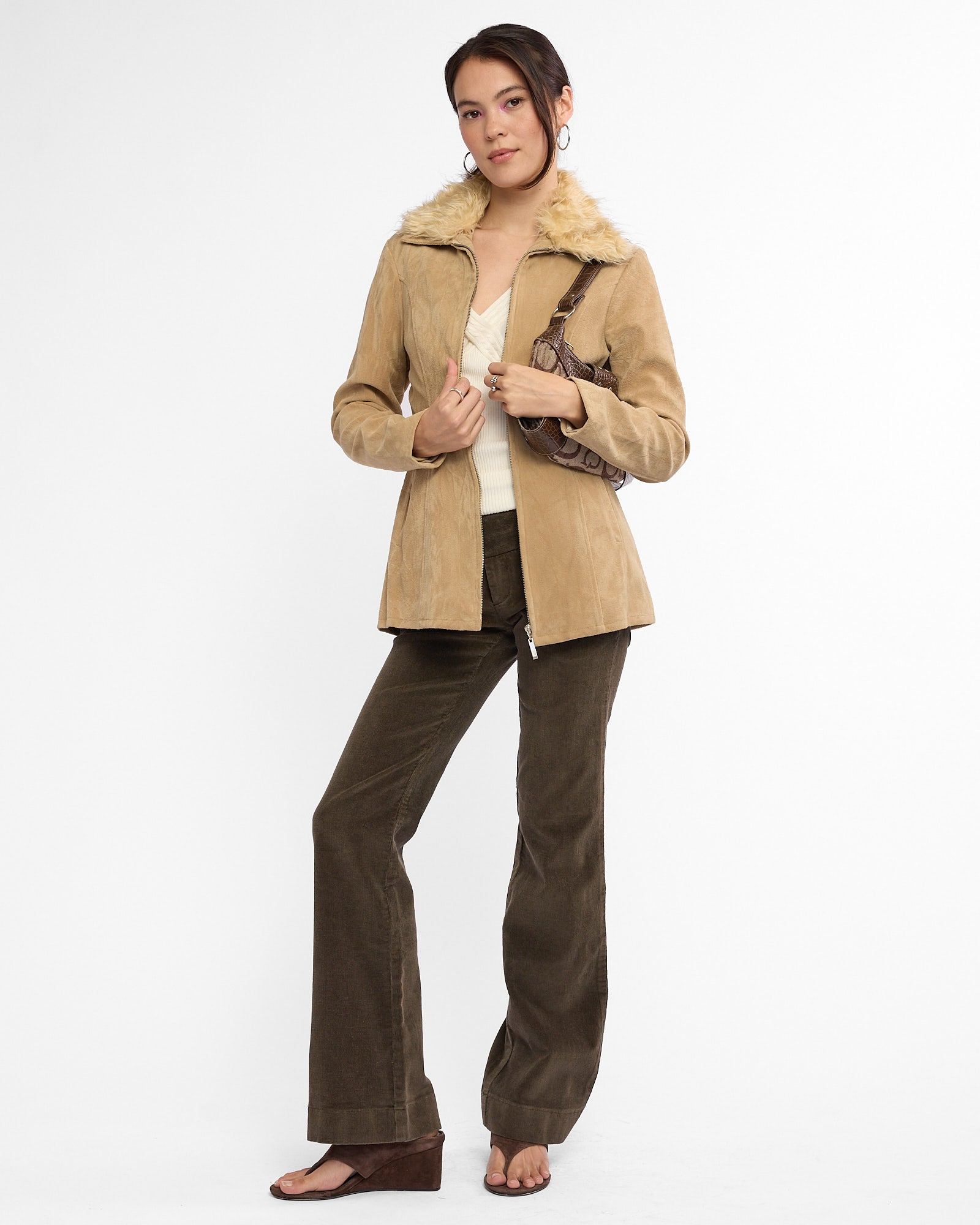 Suede Look Cotton Fur Collared Jacket - Sand