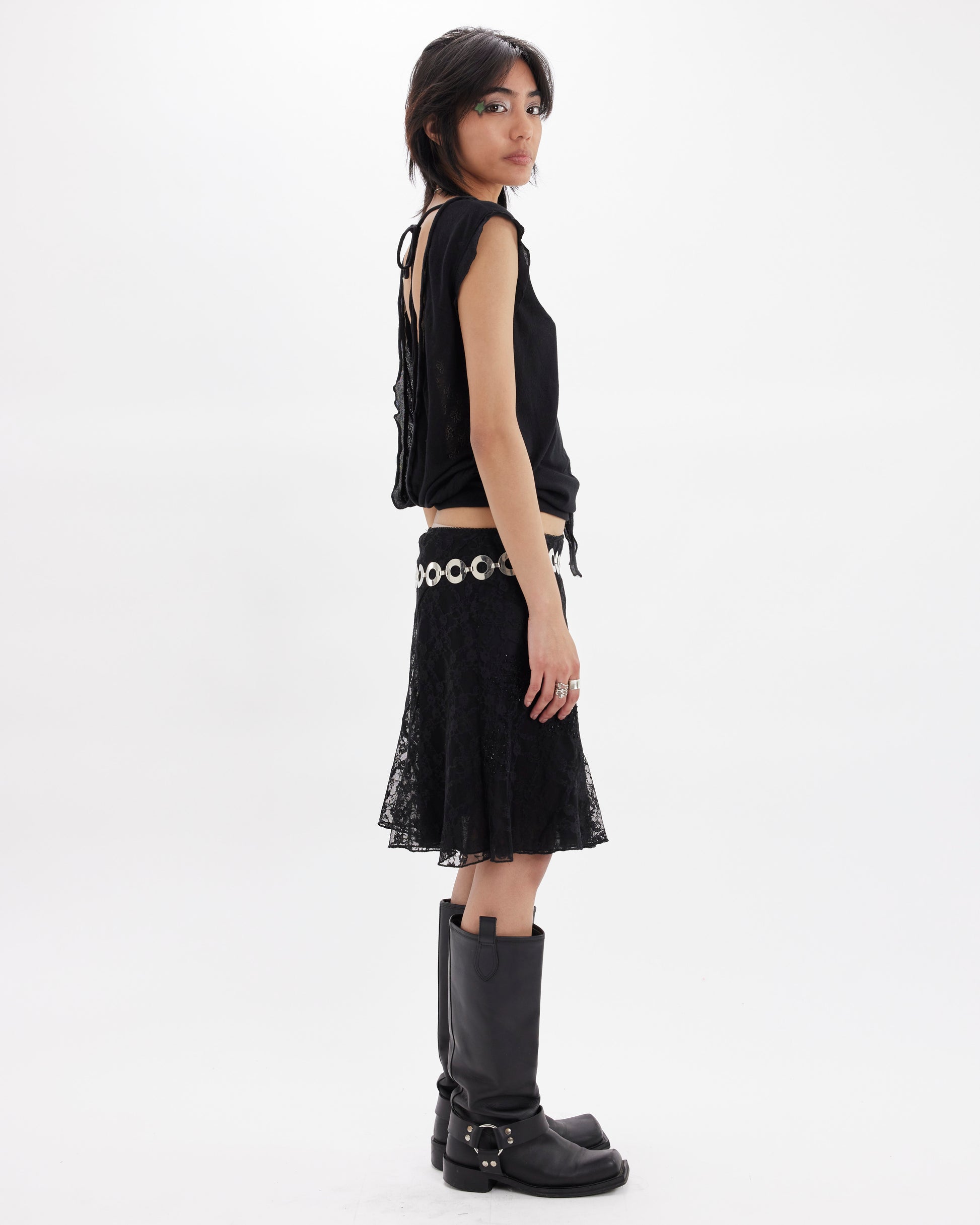 Backless Pointelle Tie Back Top - Black