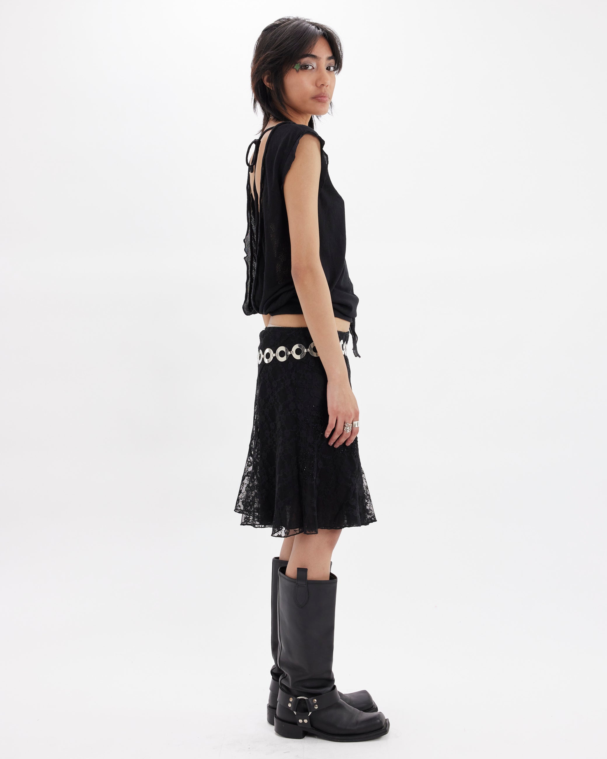 Backless Pointelle Tie Back Top - Black