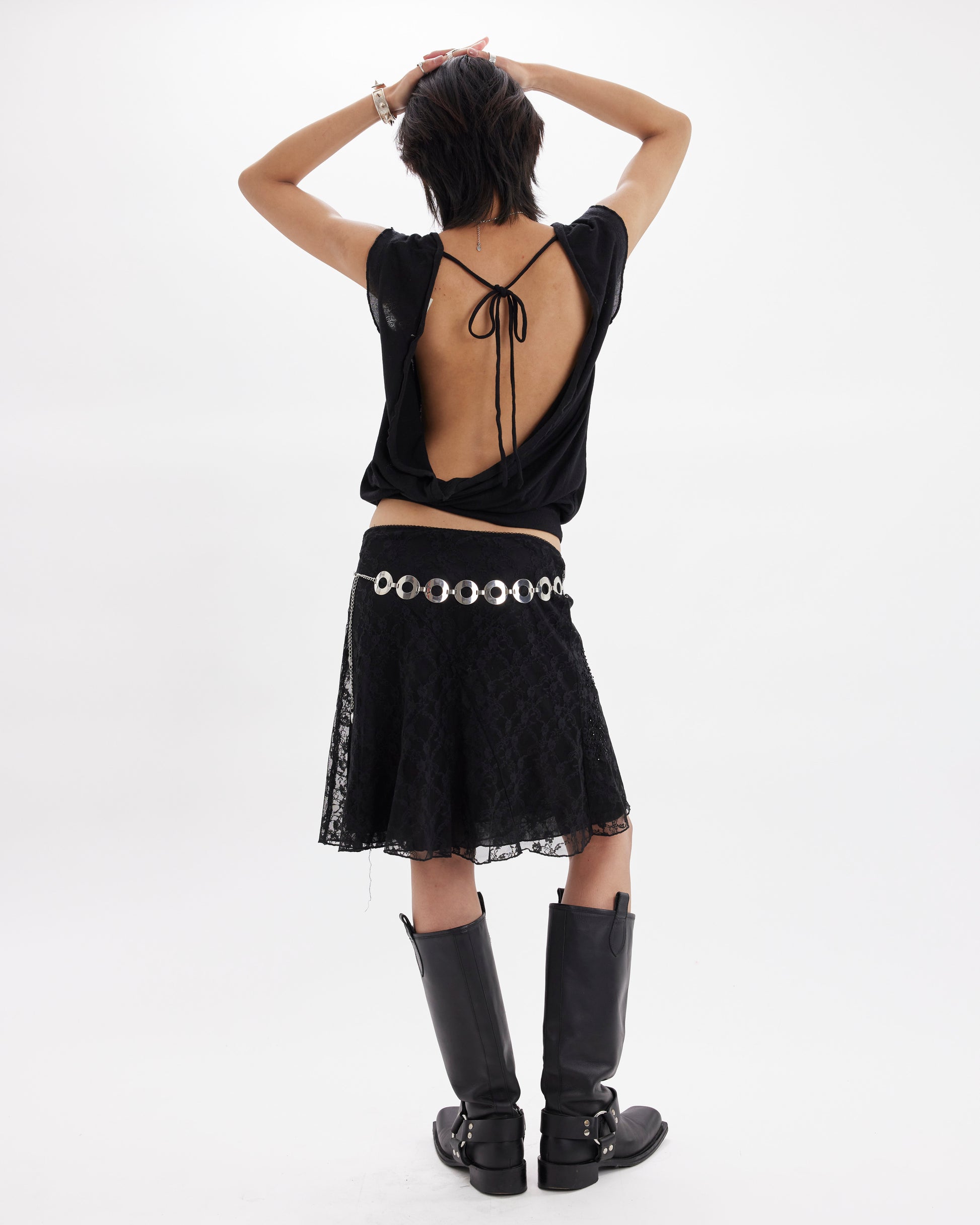 Backless Pointelle Tie Back Top - Black