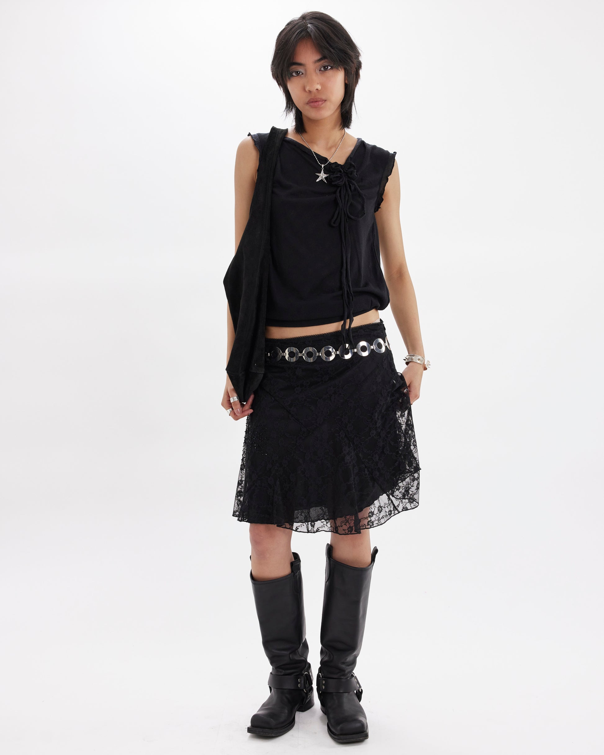 Backless Pointelle Tie Back Top - Black