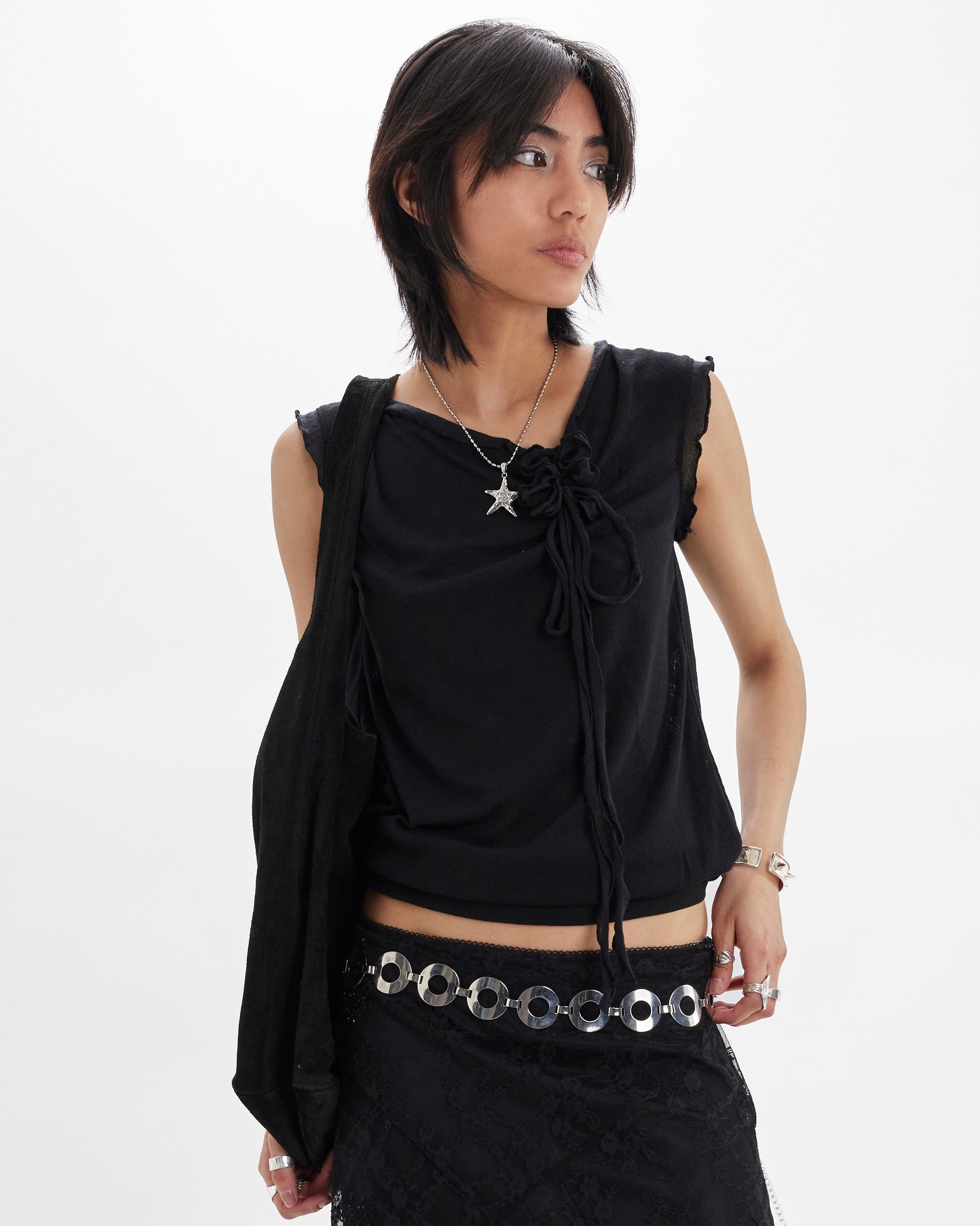 Backless Pointelle Tie Back Top - Black