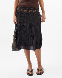 Crinkle Cotton Beaded Skirt  - Black