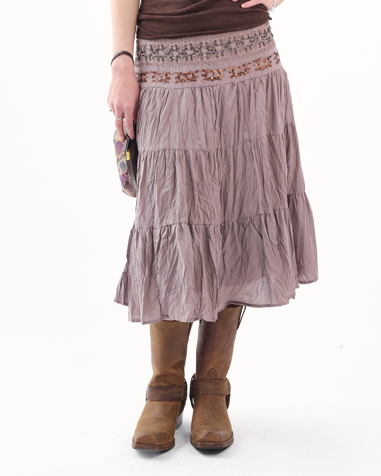 Crinkle Cotton Beaded Midi Skirt - Mushroom