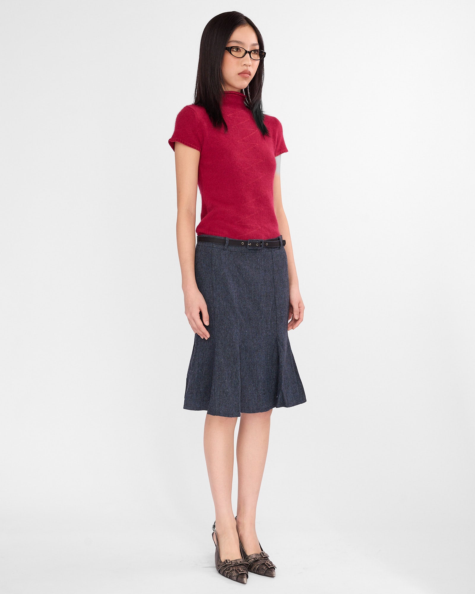 Belted Wool Fishtail Midi Skirt