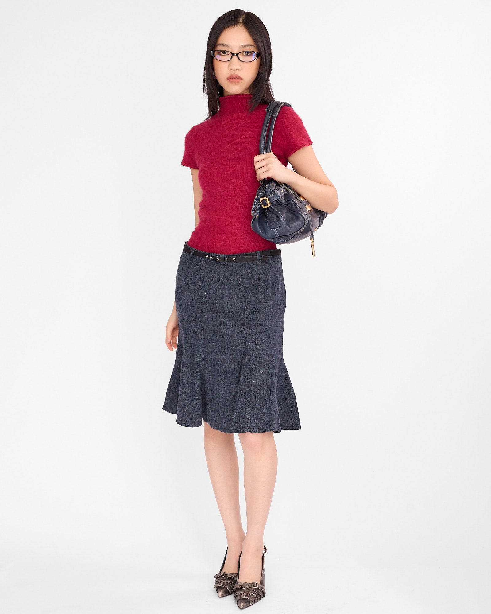 Belted Wool Fishtail Midi Skirt