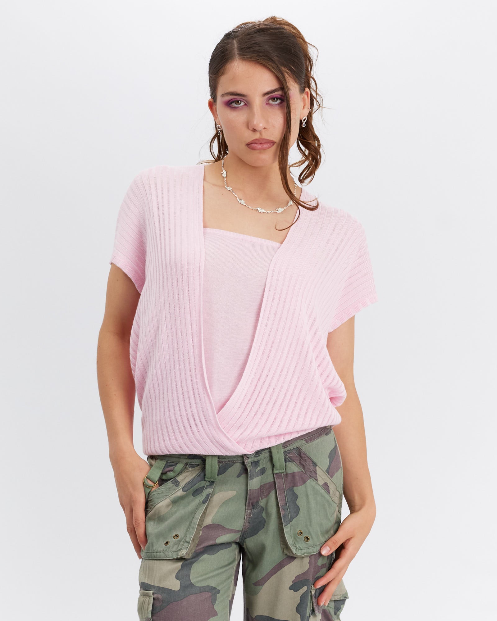 Layered Knit Tie Top - Pink