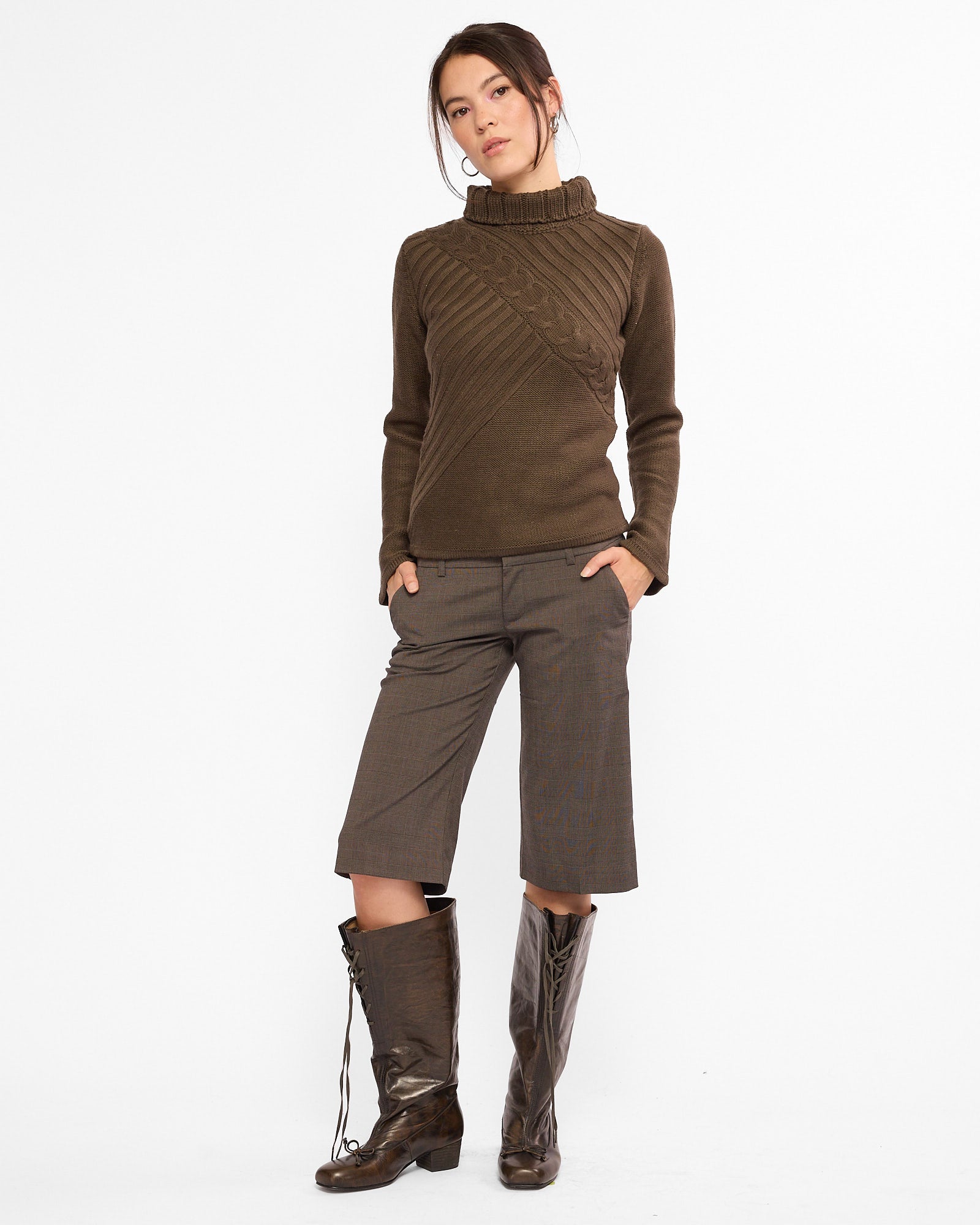 Flare Sleeve Turtle Neck Knit Sweater - Khaki