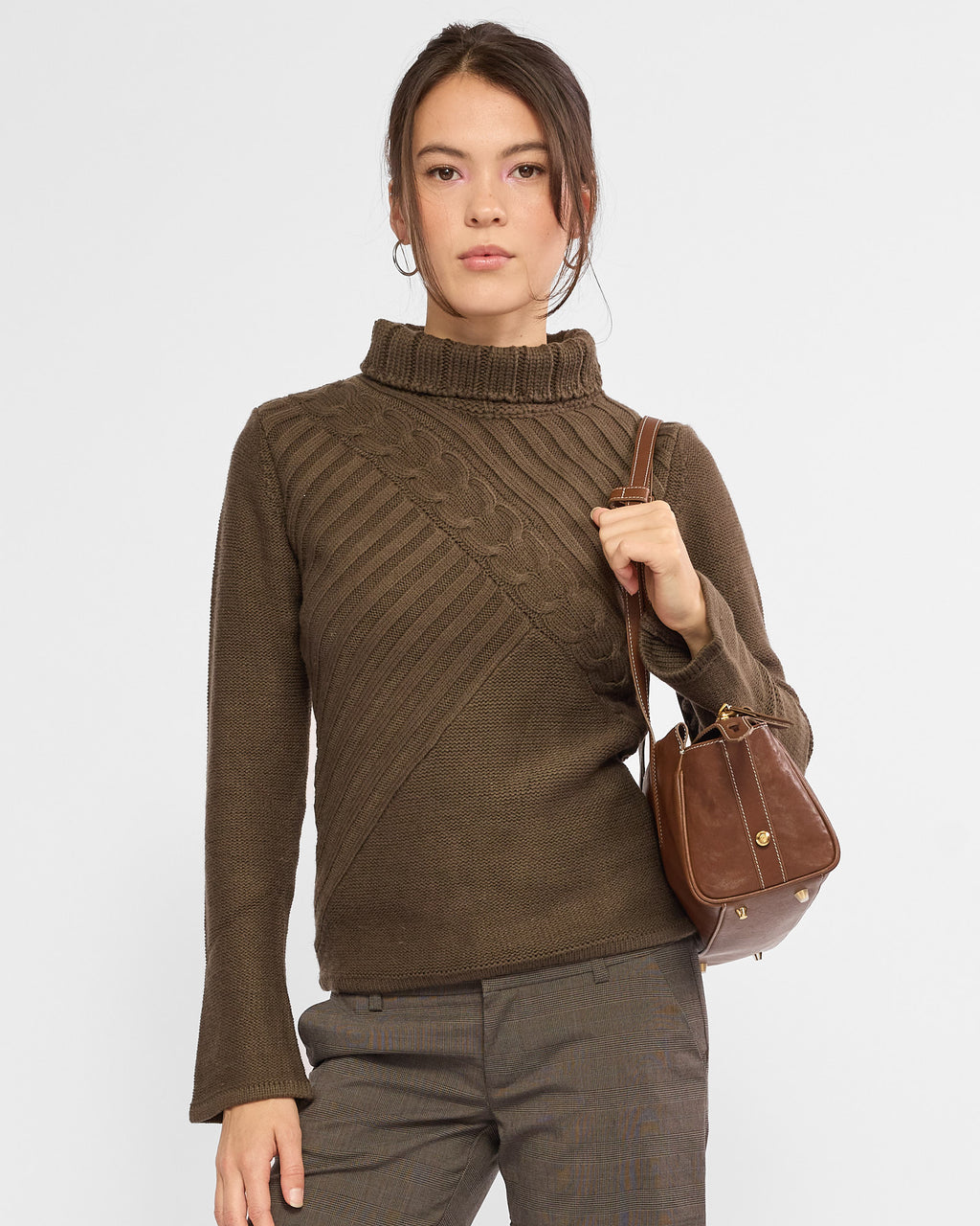 Flare Sleeve Turtle Neck Knit Sweater - Khaki