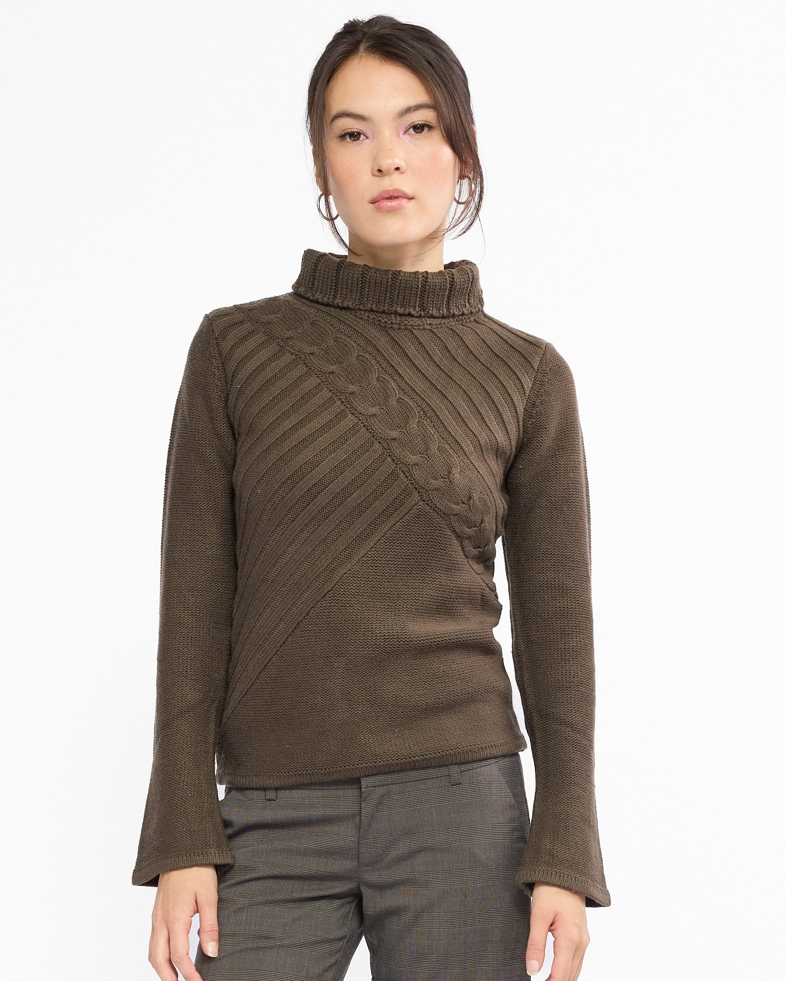 Flare Sleeve Turtle Neck Knit Sweater - Khaki