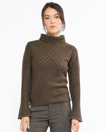 Flare Sleeve Turtle Neck Knit Sweater - Khaki