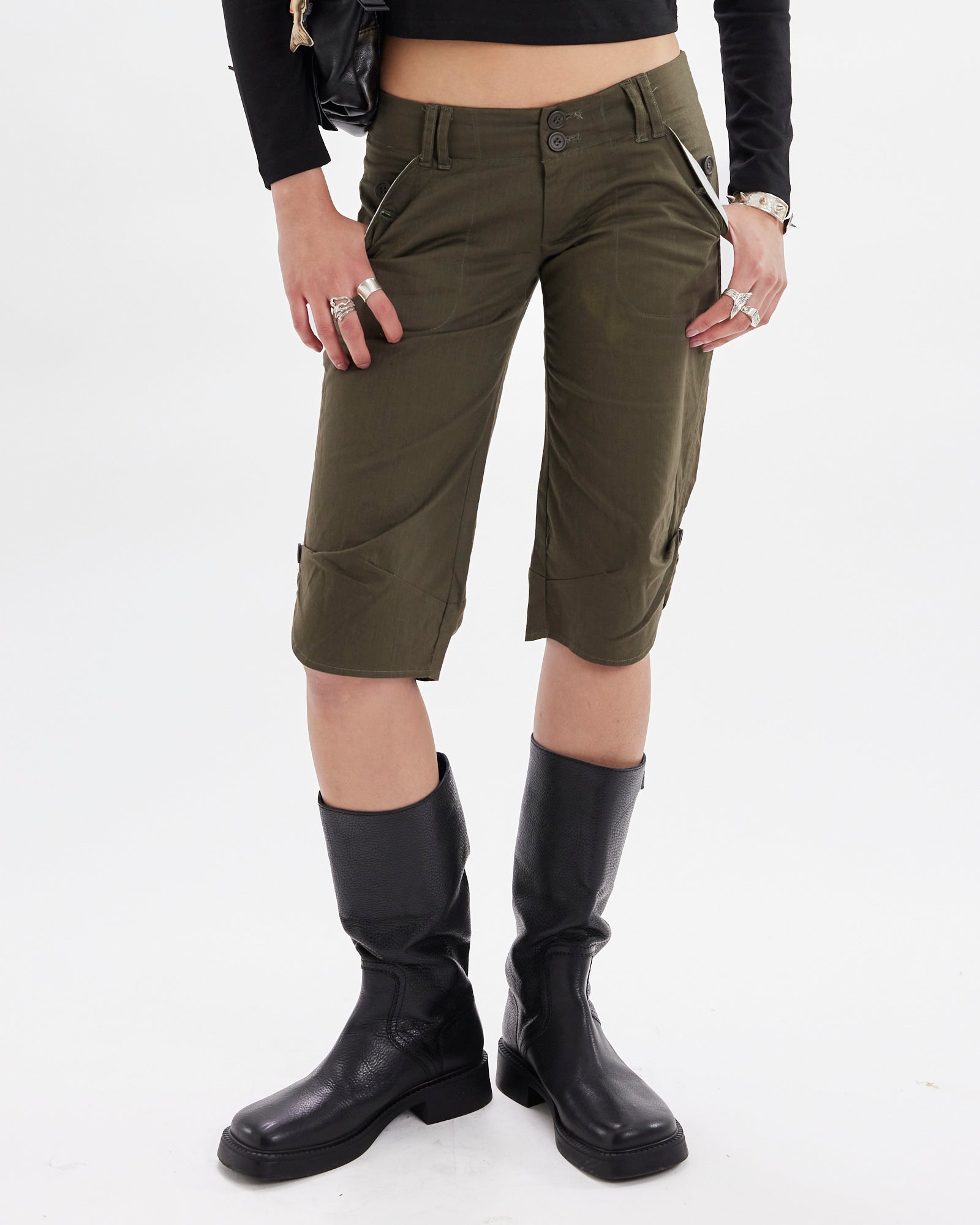 Button Hem Capri - Khaki