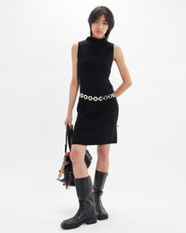 Mock Neck Ribbed Knit Dress - Black