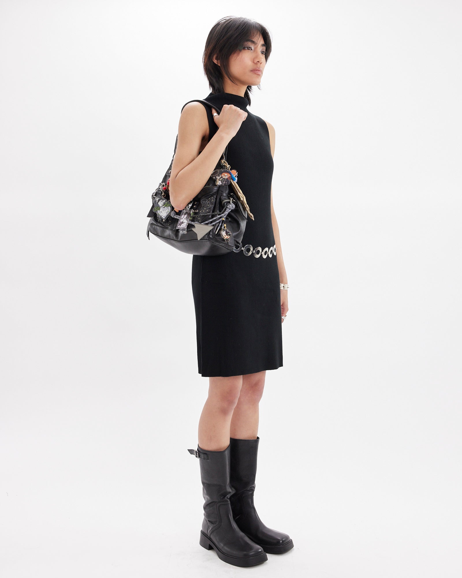 Mock Neck Ribbed Knit Dress - Black