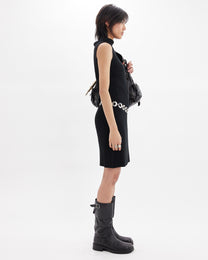 Mock Neck Ribbed Knit Dress - Black