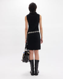 Mock Neck Ribbed Knit Dress - Black