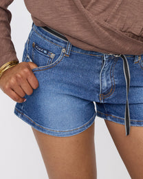 Belted Stretch Denim Mini Short