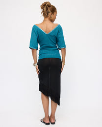Sequin Trim Batwing V Neck Top - Turquoise