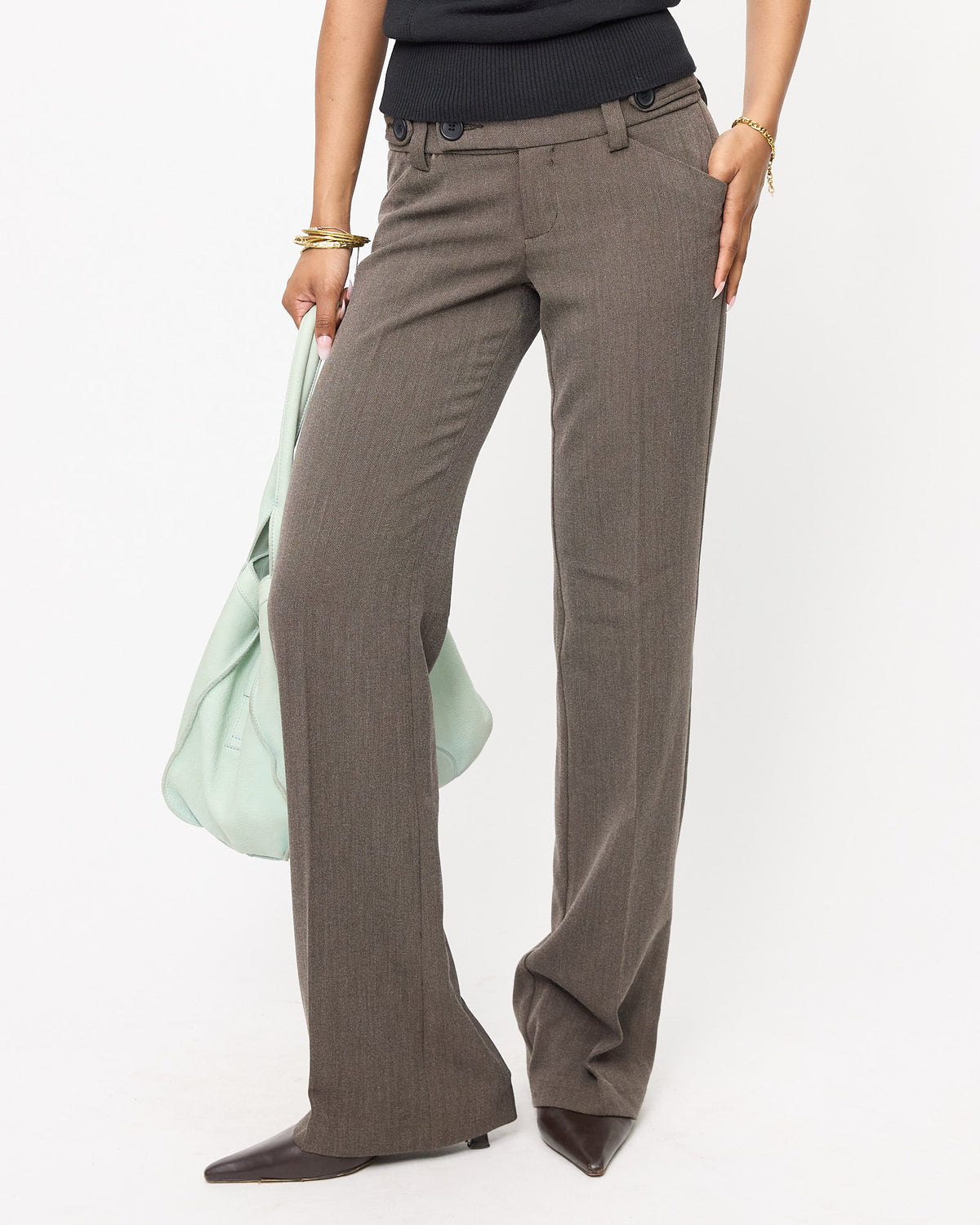 Double Button Rayon Low-rise Trousers - Taupe