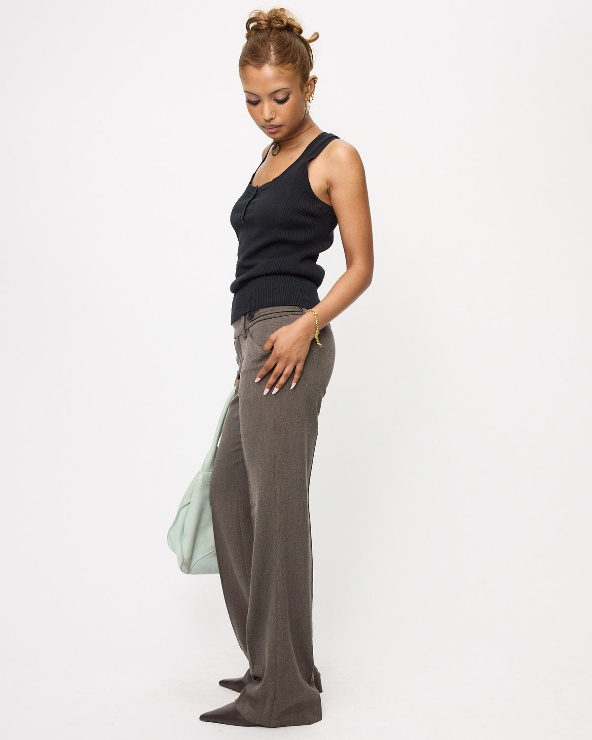 Double Button Rayon Low-rise Trousers - Taupe