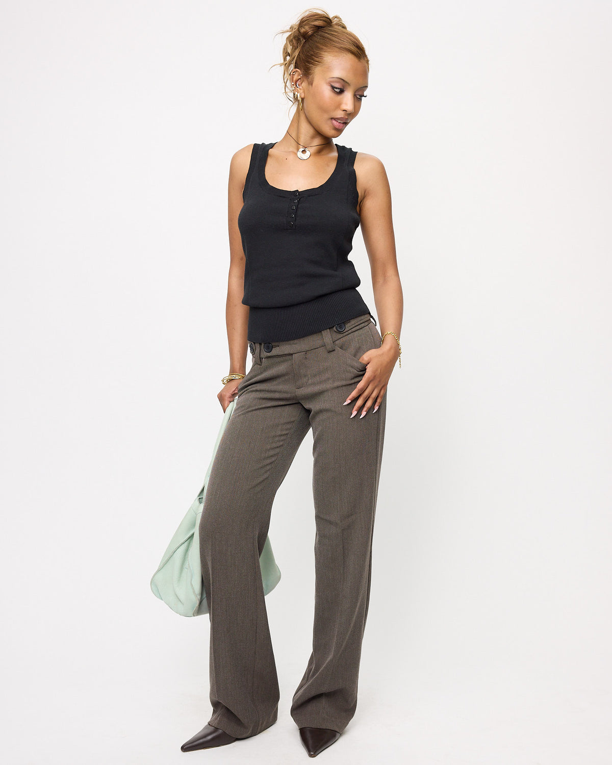 Double Button Rayon Low-rise Trousers - Taupe