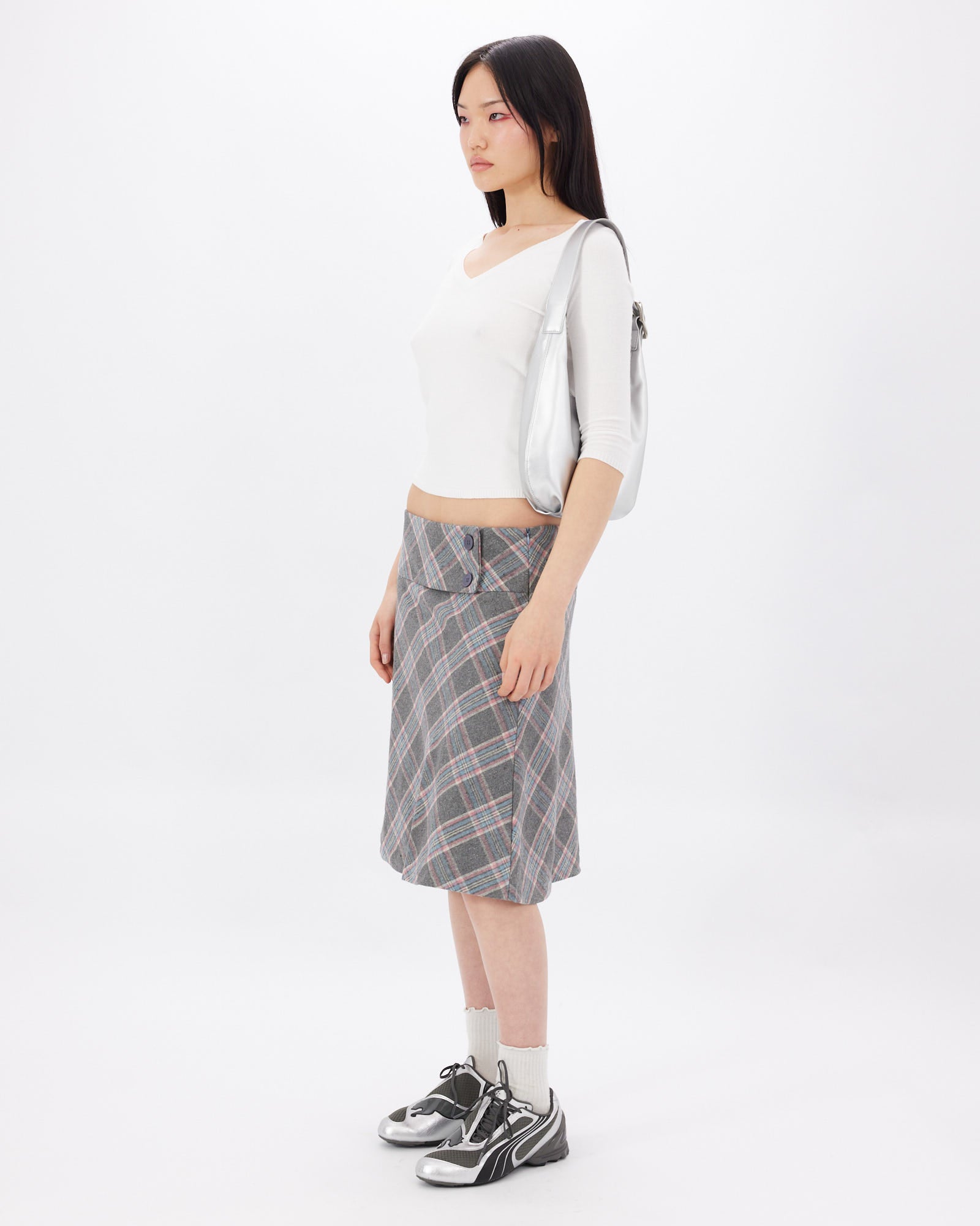 Wide Waistband Tartan Wool Skirt