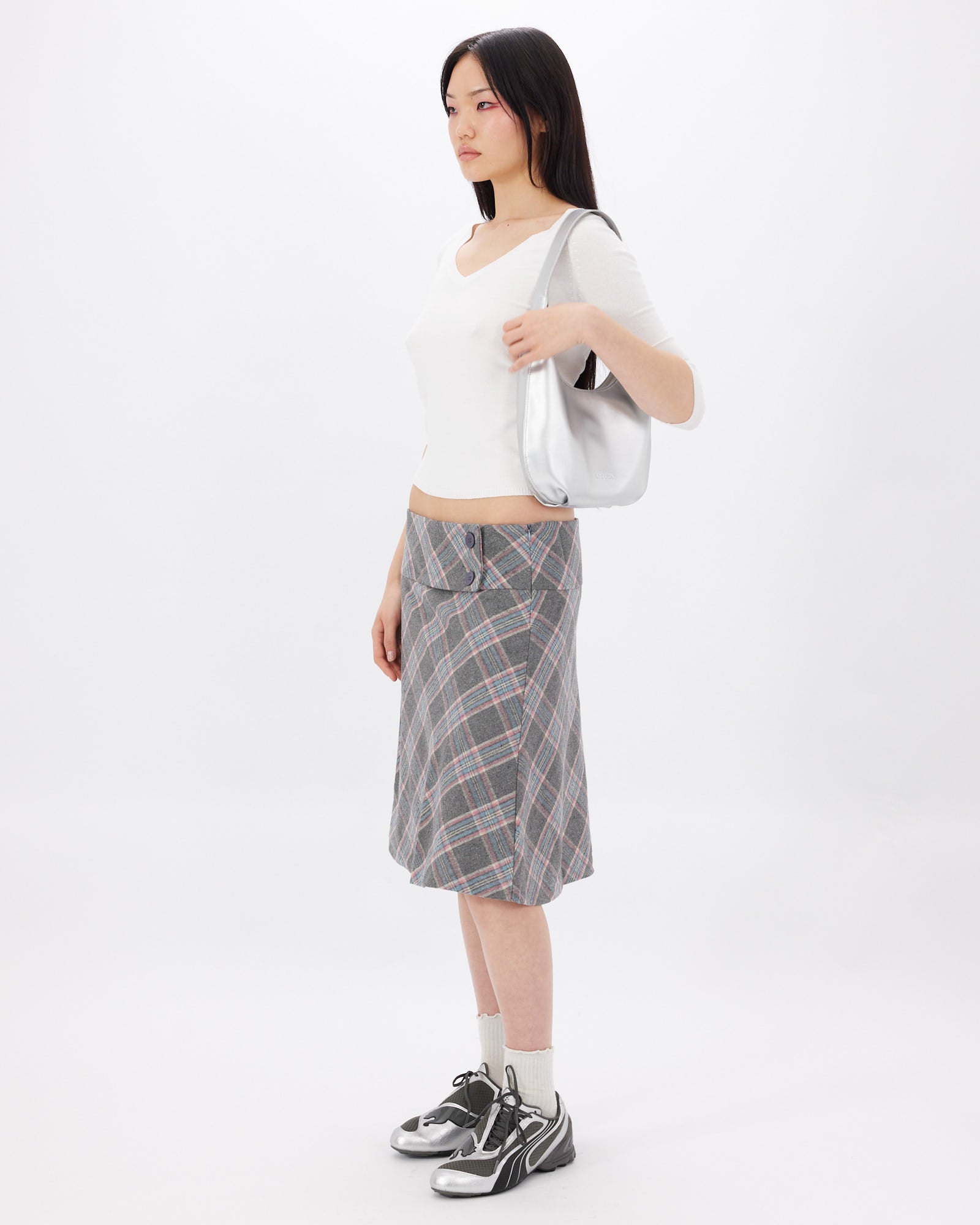 Wide Waistband Tartan Wool Skirt