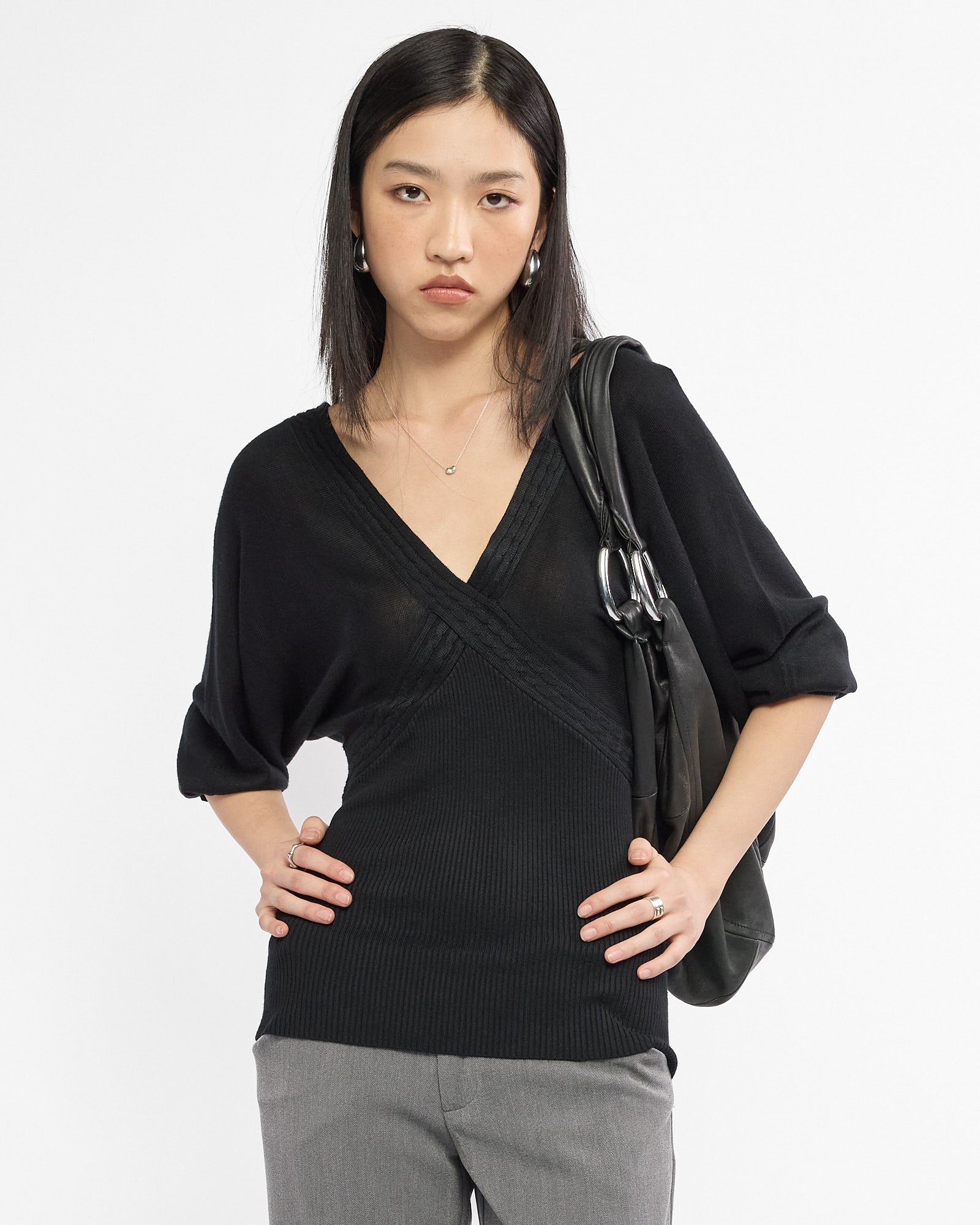 Viscose Knit Batwing Sleeve Top - Black