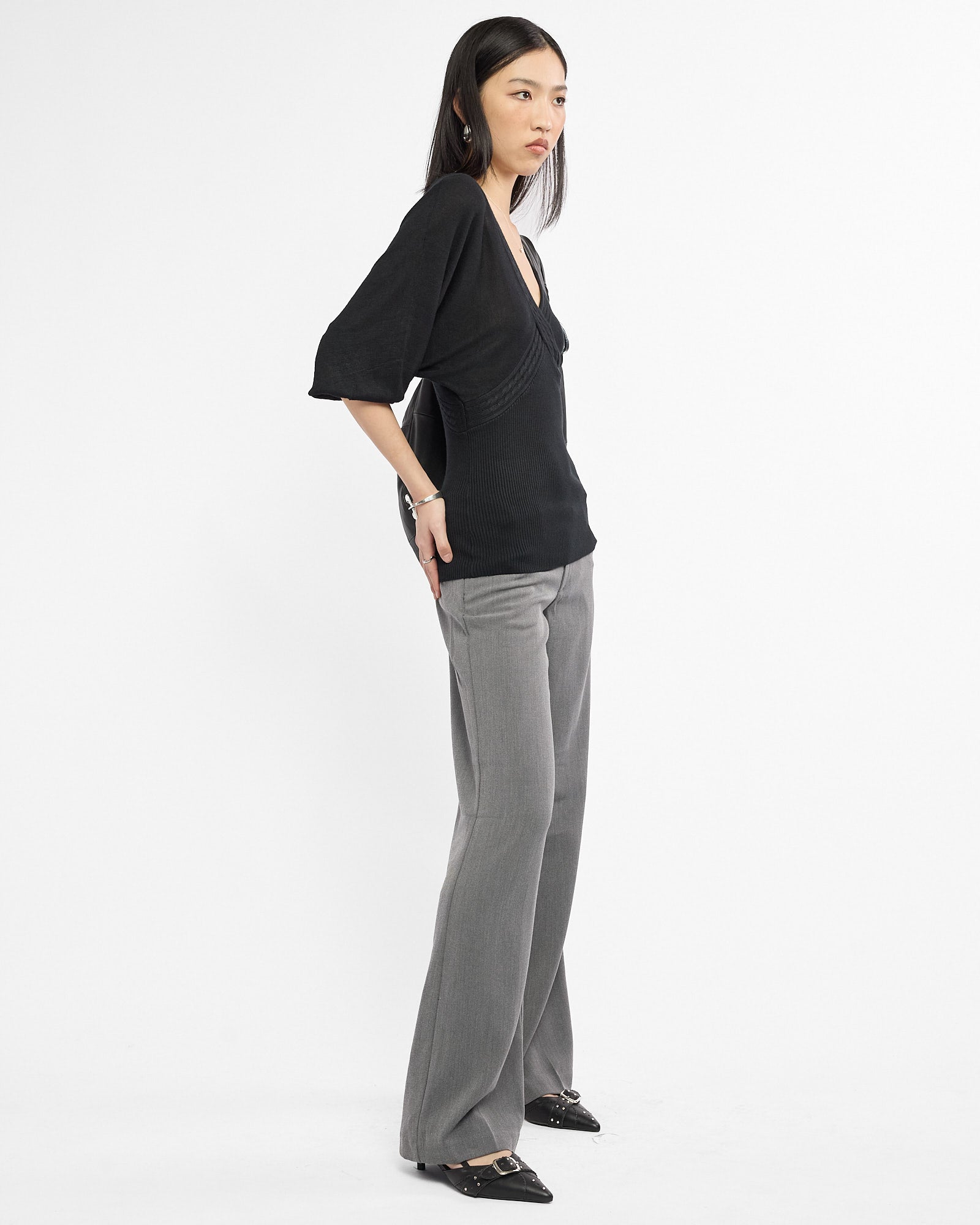 Viscose Knit Batwing Sleeve Top - Black