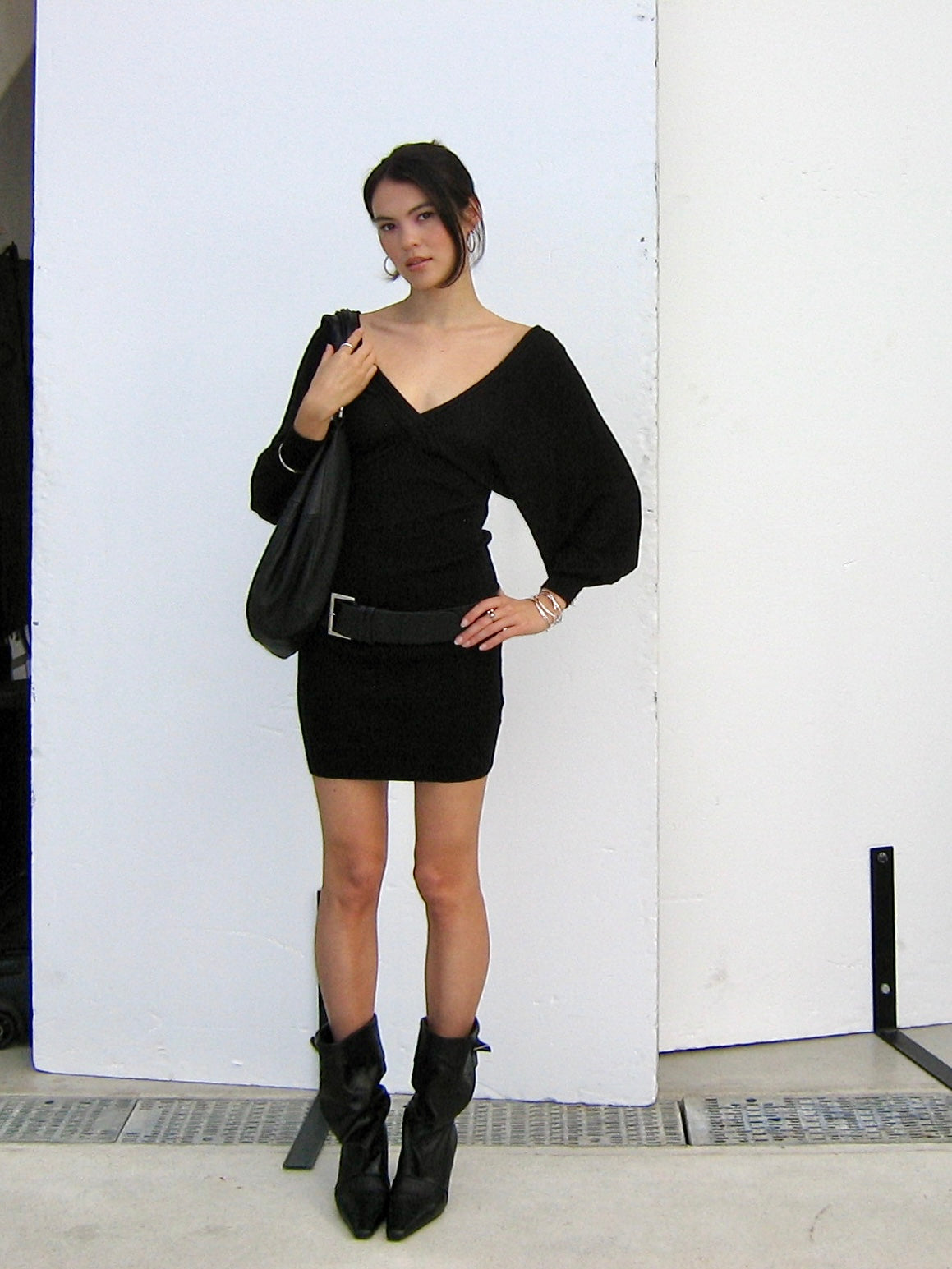 Viscose Knit Batwing Mini Dress - Black