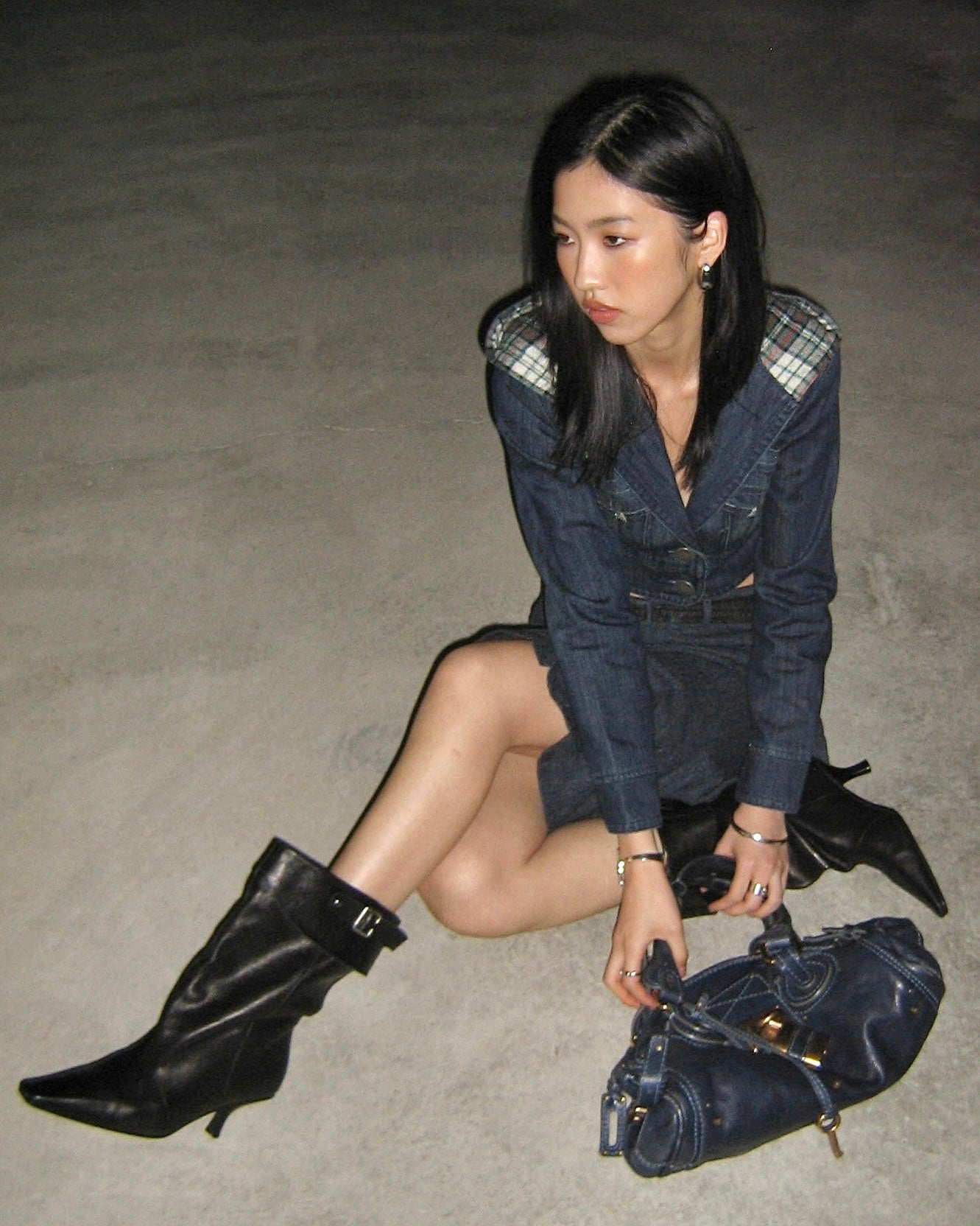 Crop Plaid Hood Denim Jacket