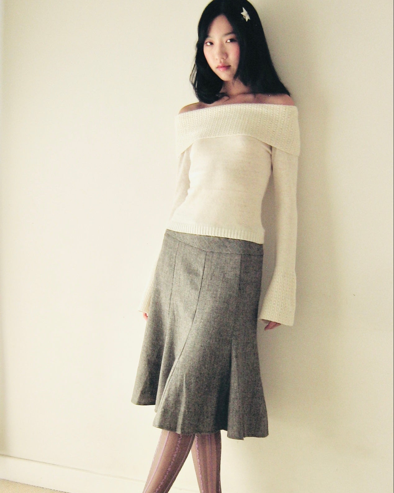 Wool Twill Flared Midi Skirt