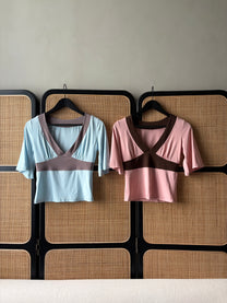 Contrast Flare Sleeve Jersey Top - Pink