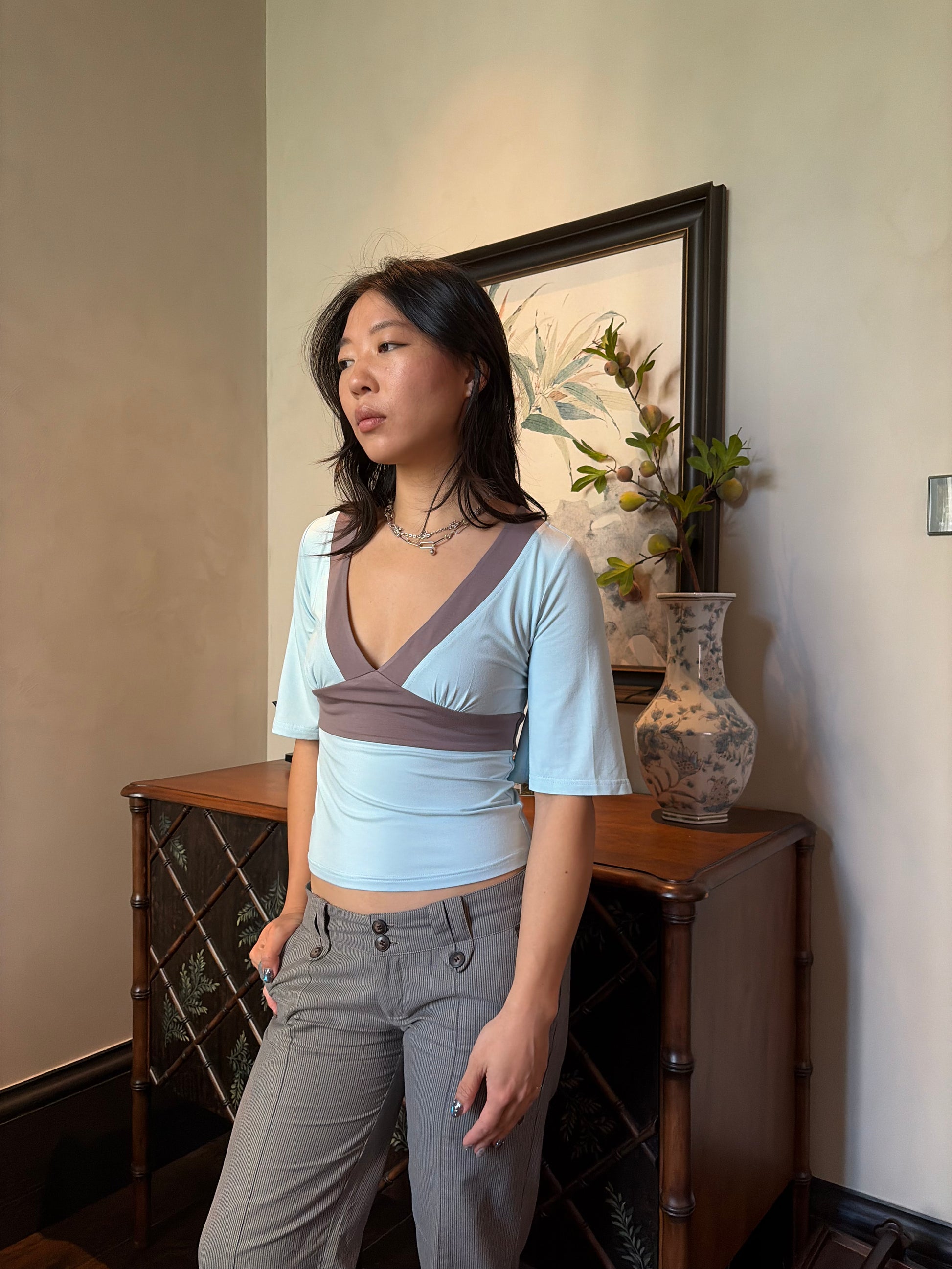 Contrast Flare Sleeve Jersey Top - Icy Blue