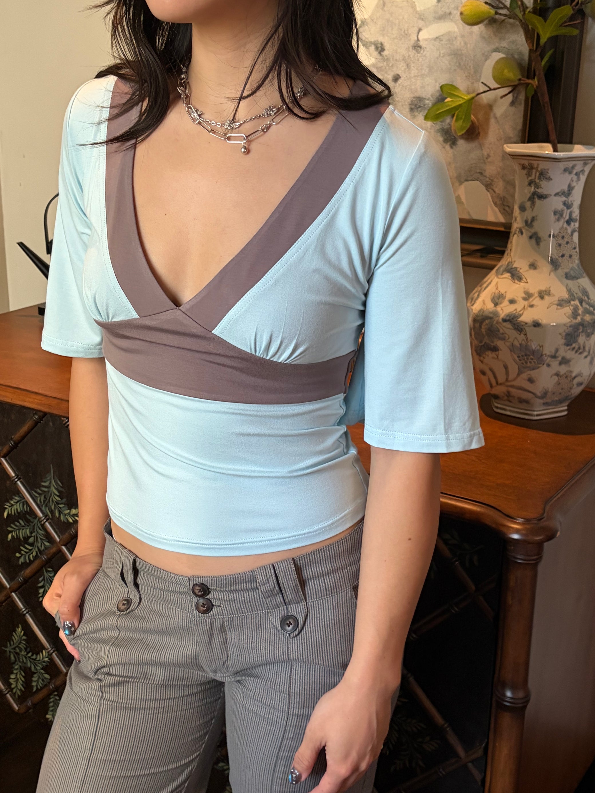 Contrast Flare Sleeve Jersey Top - Icy Blue