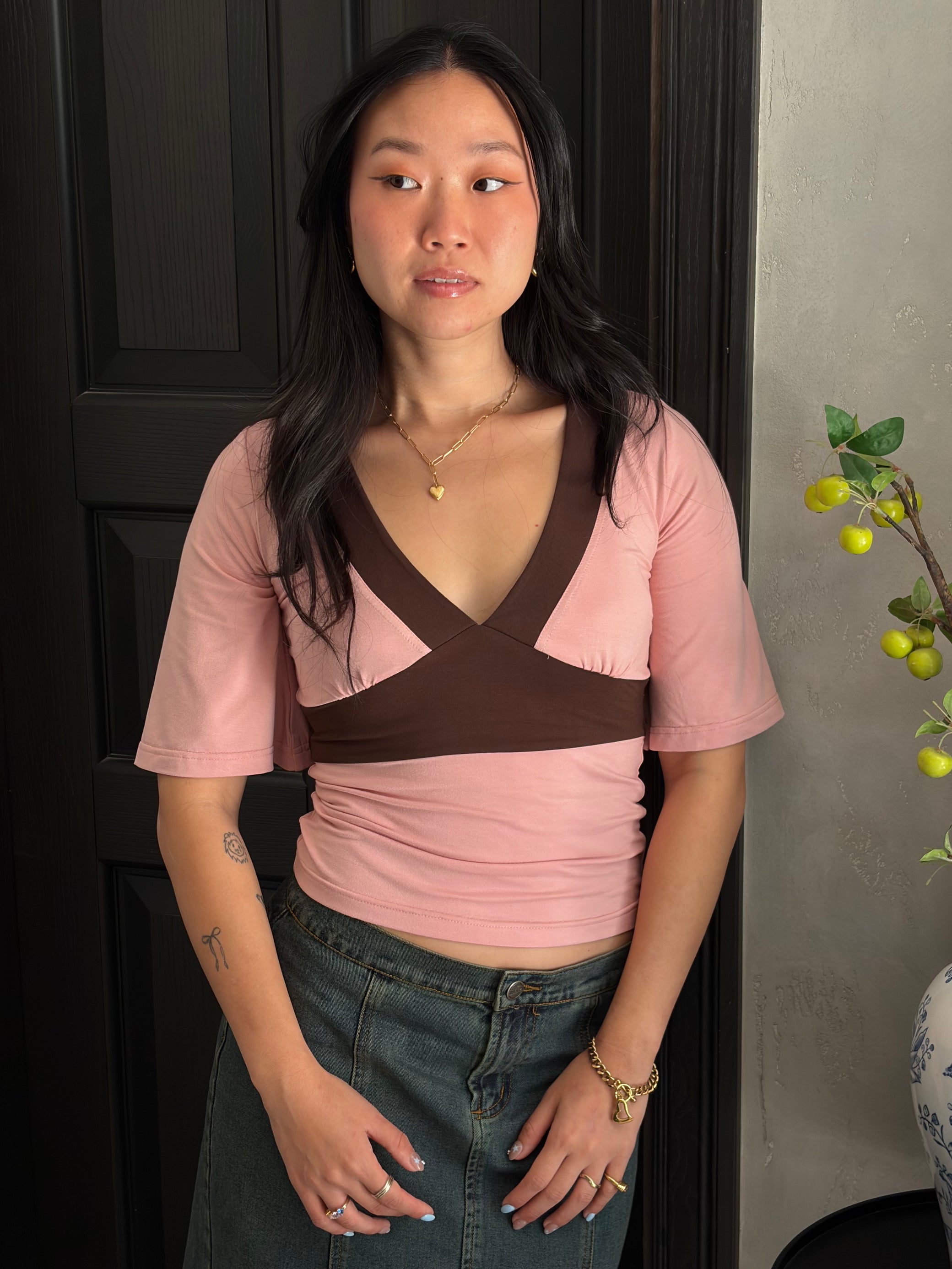Contrast Flare Sleeve Jersey Top - Pink